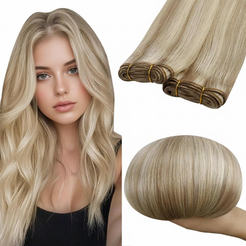 RUNATURE Weft Hair Extensions Human Hair, Blonde Sew in Hair Extensions 12 Inch 70g Straight Human Hair Weft Extensions, Remy Natural Hair, Easy to Maintain, #8P60 Brown Highlight Blonde - Image 1